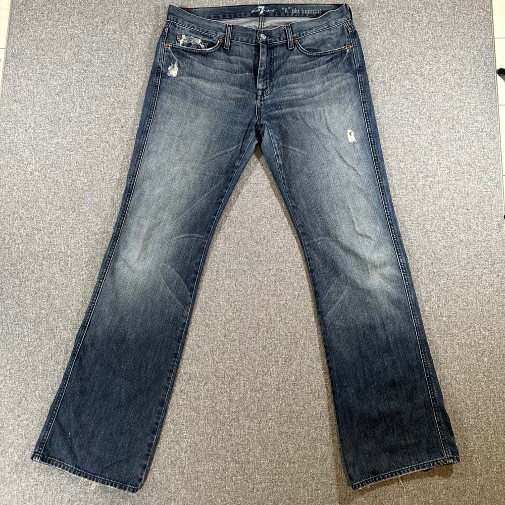 7 For All Mankind A Pocket Bootcut Jeans Mens 36x34 Blue Distressed Cotton Denim